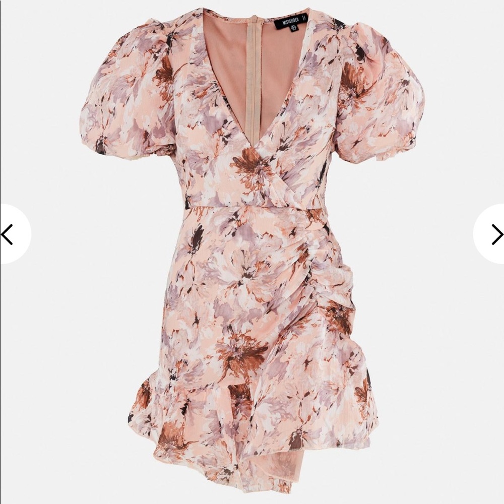Missguided Pink Floral Puff Sleeve Mini Dress
